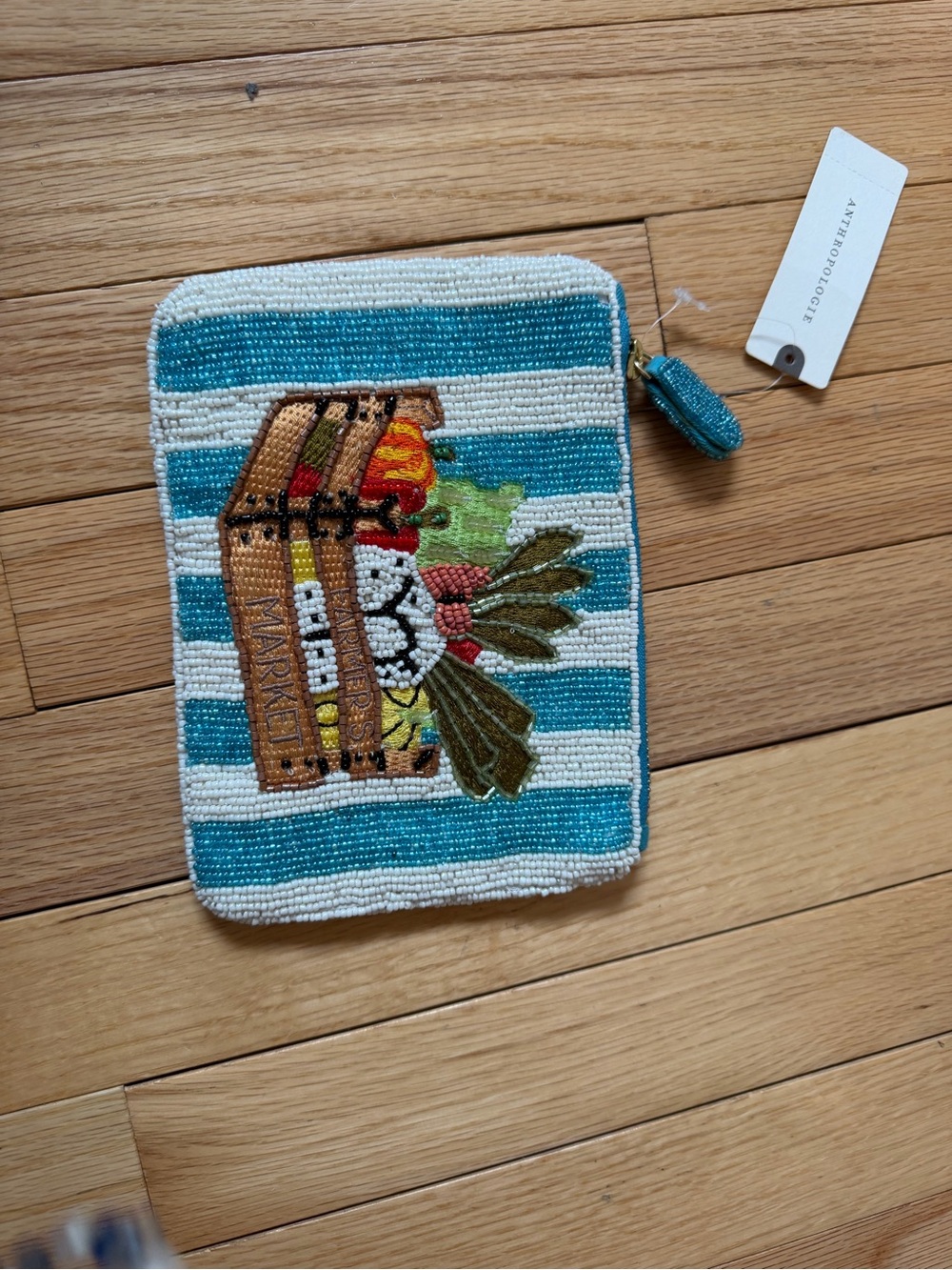 Anthropologie Teal & White Beaded Market Crate Pouch